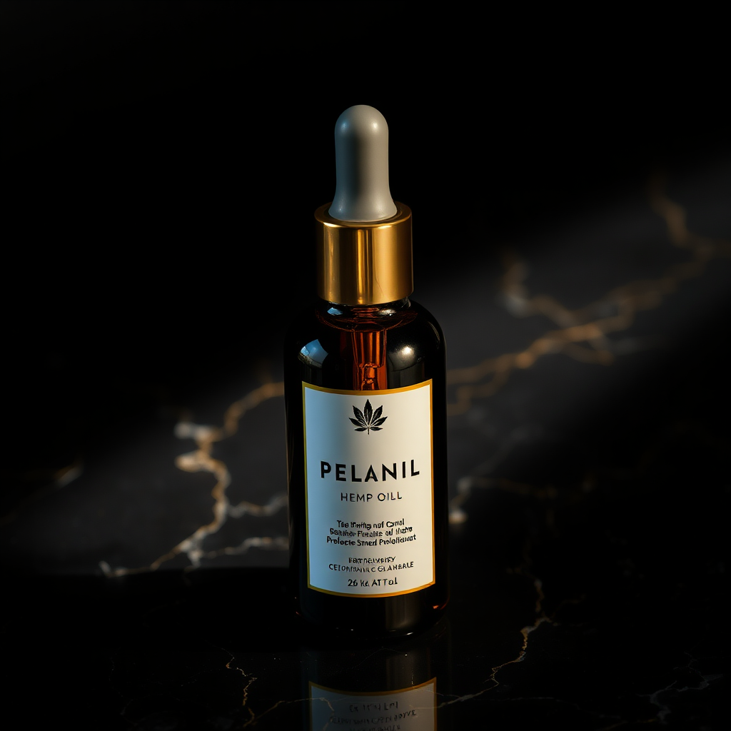 Noir Elixir bottle with gold cap on black marble